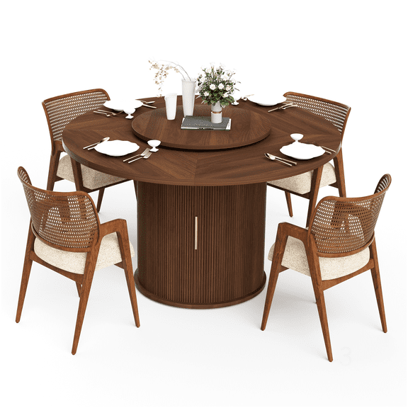 CHAMPFLAG Modern Round Dining Table with Lazy Susan and Storage, 55 Inch Walnut Table for 6, Double Layer Shelf, Waterproof Top, for Small Space Dining Room and Kitchen