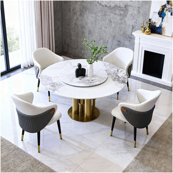 CHAMPFLAG Modern Round Dining Table with Lazy Susan for 4, Heat-Resistant Stone Top, Stainless Steel Base, Golden White Finish for Compact Dining