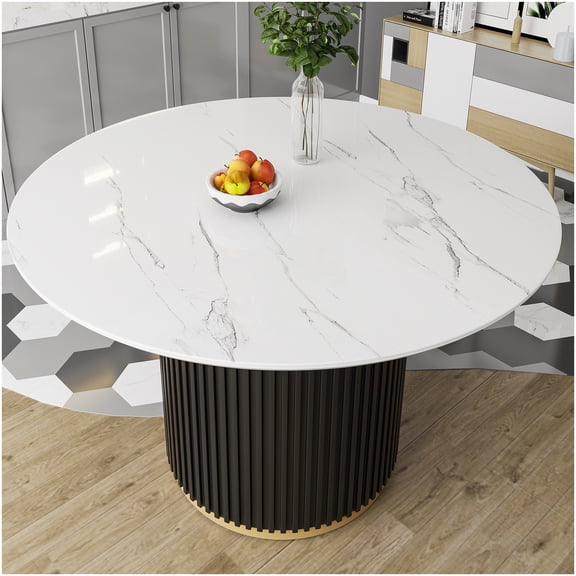 CHAMPFLAG Modern Round Kitchen Table 46 Inch, Faux Marble Top with Black Fluted Metal Legs and Gold Trim