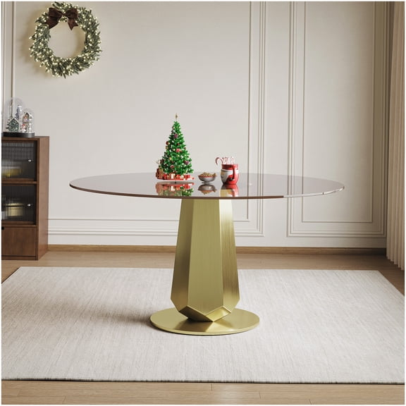 CHAMPFLAG Modern Round Kitchen Table with Gold Base, Smoked Glass Dining Table for Small Spaces, Seats 4-8, Easy to Assemble Tempered Glass Top Table