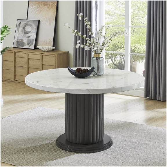 CHAMPFLAG Modern Round Kitchen Table with White Marble Look Top and Gray Fabric Pedestal, Seats 6