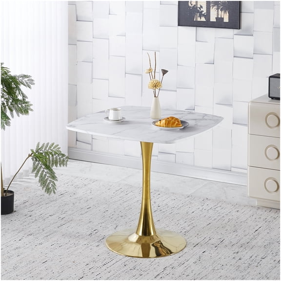 CHAMPFLAG Modern Tulip Pedestal Dining Table, 31.5" Square White and Gold Kitchen Table for 4, Apartment-Size Dining Set for Living Room or Cafe