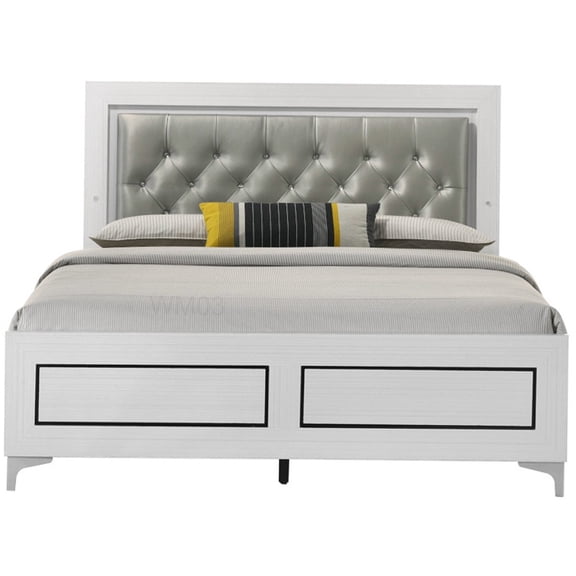 CHAMPFLAG Modern Upholstered Platform Bed with LED Headboard, Queen Size Bed Frame with Gray Faux Leather, Chrome Legs, No Box Spring Needed