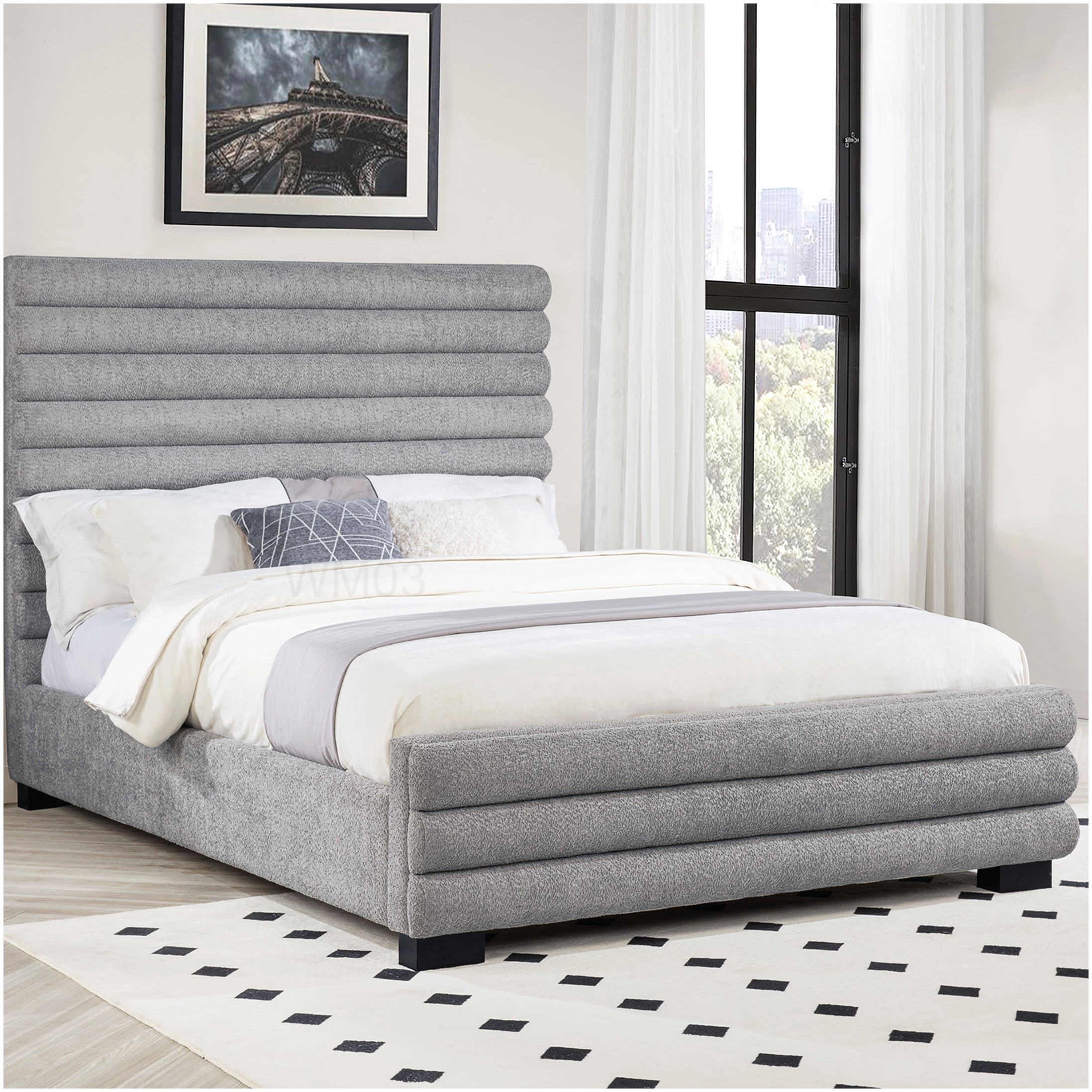 CHAMPFLAG Modern Upholstered Queen Bed Frame with High Channel Tufted Headboard, Grey Boucle Fabric Platform Base