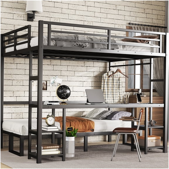 CHAMPFLAG Multifunctional Loft Bed with Sofa, Desk & Storage Shelves, USB Charger and LED Lights for Small Spaces