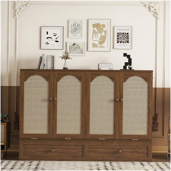 CHAMPFLAG Murphy Bed with USB Charging Station, Queen Wall Bed Cabinet with Rattan Accent & Large Drawer, Space Saving Design in Walnut