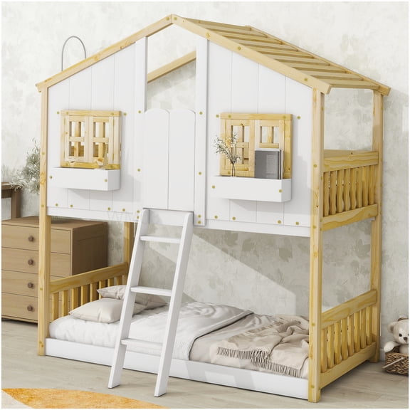 CHAMPFLAG Natural Pine Wood Playhouse Bunk Bed with Roof, Twin over Twin, Low Height Design with Guardrails and Ladder