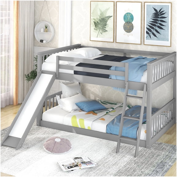CHAMPFLAG Pine Wood Full Size Bunk Bed with Slide, Reversible Ladder for Space Saving, Sturdy Loft Frame