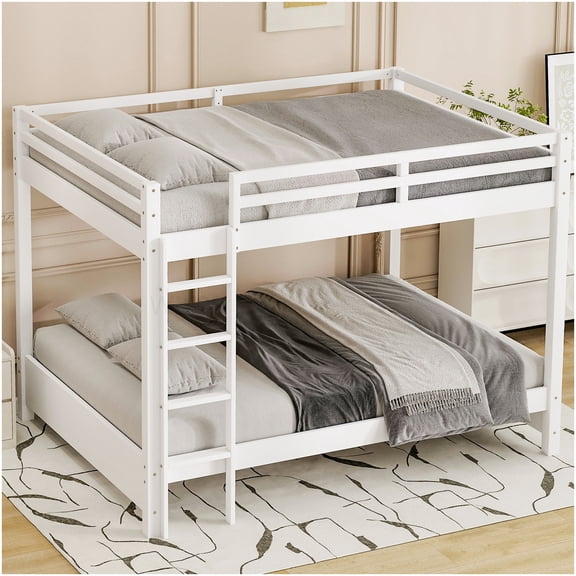 CHAMPFLAG Queen Bunk Bed with Ladder, White Space Saving Bunk Bed Frame, Solid Wood Slats Support, No Box Spring Needed