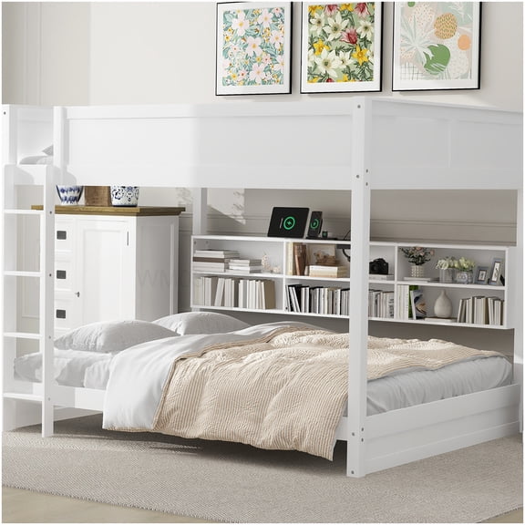 CHAMPFLAG Queen Size Bunk Bed with Storage & Charging Ports, White Space Efficient Design, No Box Spring Needed