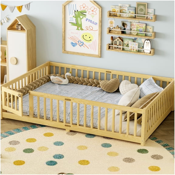 CHAMPFLAG Queen Size Floor Bed Frame with 360 Safety Rails and Play Entrance for Imaginative Play