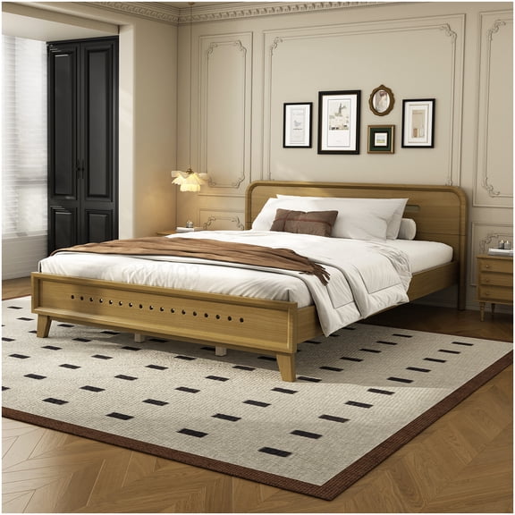 CHAMPFLAG Queen Size Platform Bed Frame with Headboard, Solid Wood Construction, Rustic Yellow Finish, Sturdy Design for Bedroom