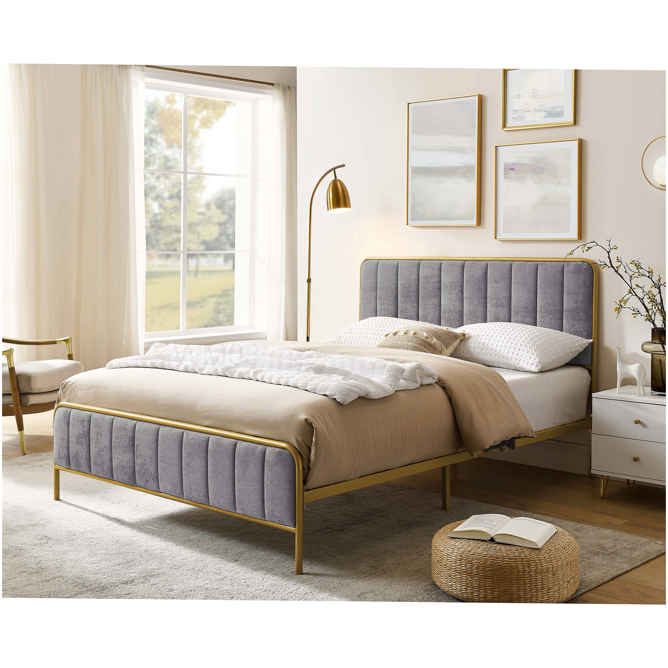 CHAMPFLAG Queen Size Upholstered Bed Frame, Gray Velvet Platform Bed with Button Tufted Headboard for Modern Homes