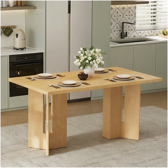CHAMPFLAG Rectangular Farmhouse Dining Table 60 Inch, Natural Wood Finish Kitchen Table with Artistic Cutout Legs, Solid Wood & Engineered Wood Construction