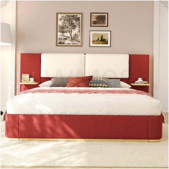 CHAMPFLAG Red King Size Platform Bed with Storage and Upholstered Headboard, Strong Support Frame, Quiet Fabric Bed, Simple Setup