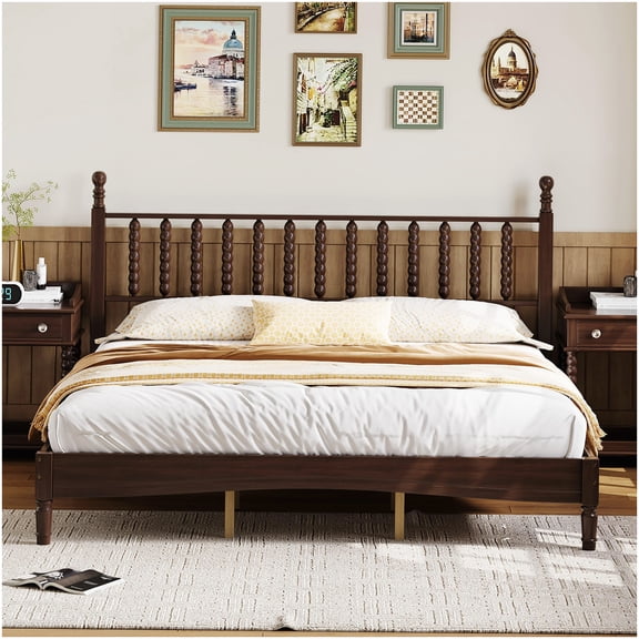 CHAMPFLAG Retro Wood Platform Bed Frame King, Gourd Headboard, Walnut Finish, No Box Spring Needed with Slats