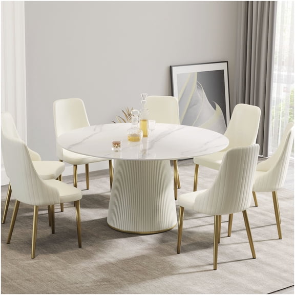CHAMPFLAG Round Dining Table for 8 Persons - White Sintered Stone Top with Hollow PU Base