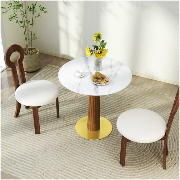 CHAMPFLAG Round Kitchen Table for Small Spaces, 2-Person Dining Table with Sintered Stone Top & Gold Metal Base, Modern Minimalist Design