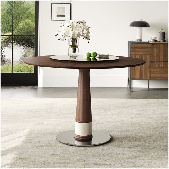 CHAMPFLAG Round Kitchen Table with Built-in Lazy Susan, Solid Wood Top and Metal Base - Retro Style Dining Table for Home and Office