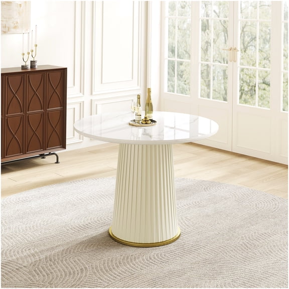 CHAMPFLAG Round Pedestal Dining Table, 35 Inch Glossy Stone Top and Textured Leather Base, Adjustable Leveling Glides, White Modern Table for Small Space