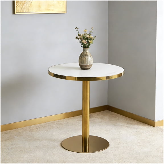 CHAMPFLAG Round Pedestal Dining Table for Small Spaces, White and Gold Modern Coffee Table, 31.5 Inch Multi-Purpose Table for Kitchen Nook, Office, Apartment