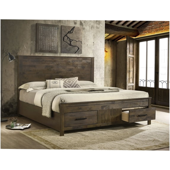 CHAMPFLAG Rustic Golden Brown King Bed Frame with 2 Drawers, Wood ...