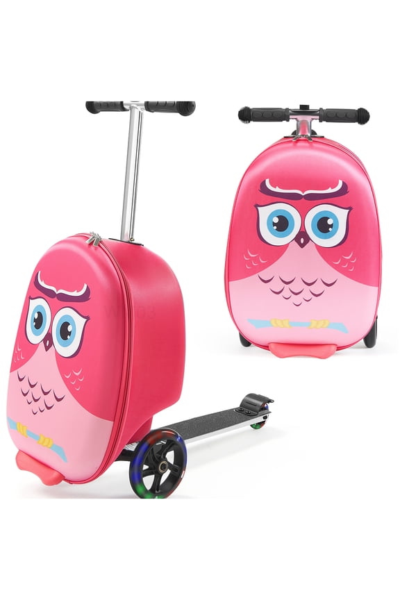 Scooter Luggage for Kids Pink, Airplane Approved Ride On Suitcase with Light Up Wheels and Durable Shell