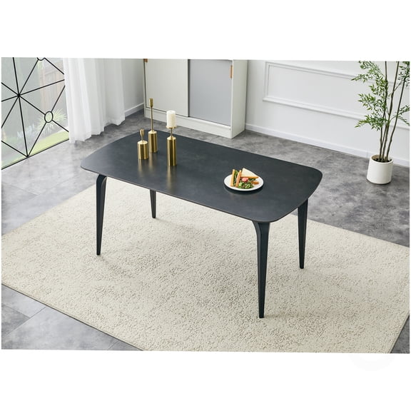 CHAMPFLAG Scratch Resistant Sintered Stone Dining Table, Modern Rectangular Design with Metal Legs, Dark Gray, Heat Resistant Kitchen Table, Easy to Assemble