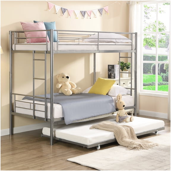 CHAMPFLAG Silver Metal Triple Bunk Bed with Pull Out Trundle, Full Size Floor Bed Frame for Space Saving