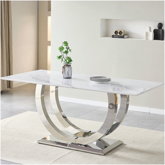 CHAMPFLAG Silver Mirror Leg Dining Table, White Marble Pattern Rectangular Table for Kitchen, Modern Minimalist Furniture for 4-6 Persons