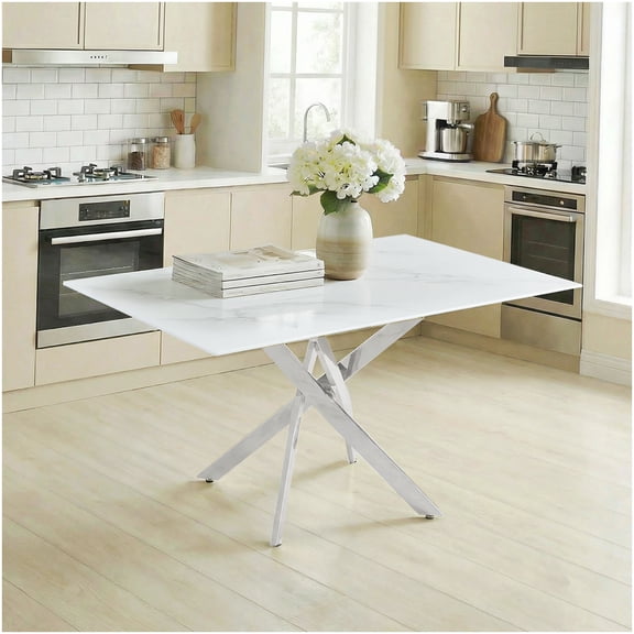 CHAMPFLAG Silver Rectangular Glass Top Dining Table, 59 Inch Modern Kitchen Table with Metal Base for Home Office, Living Room, Cafe
