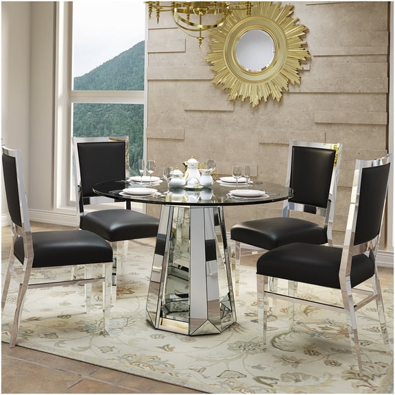 CHAMPFLAG Silver Round Glass Dining Table, Tempered Glass Top with Mirror Finish Base, Modern Minimalist Kitchen Table for 4