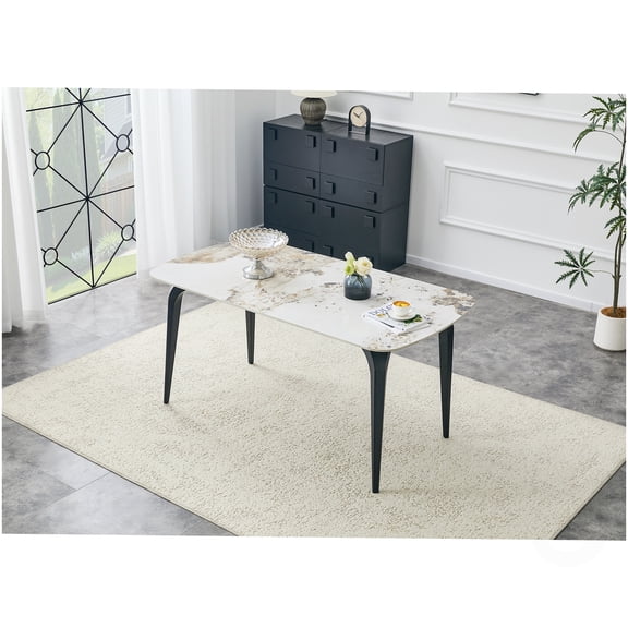 CHAMPFLAG Sintered Stone Dining Table, Rectangular Kitchen Table with Metal Legs, Heat Resistant & Easy Clean Surface in Beige