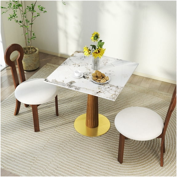 CHAMPFLAG Sintered Stone Square Dining Table for Two, Modern Kitchen Table with Gold Metal Base & Wood Accents, Compact Dinette Set for Apartments