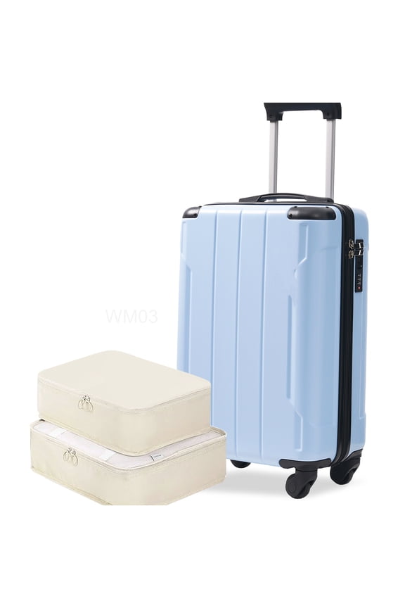 Sky Blue Hardshell Carry On Suitcase 20 Inch, ABS Lightweight Luggage with 360° Spinner Wheels, TSA Lock, and Free Packing Cubes