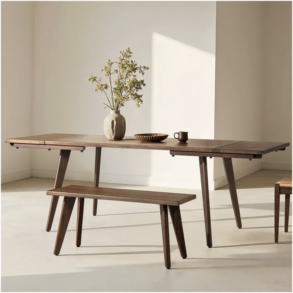 CHAMPFLAG Solid Oak Expandable Dining Table, Dark Brown Finish with 2 Drop Leaves, 6 to 8 Seats