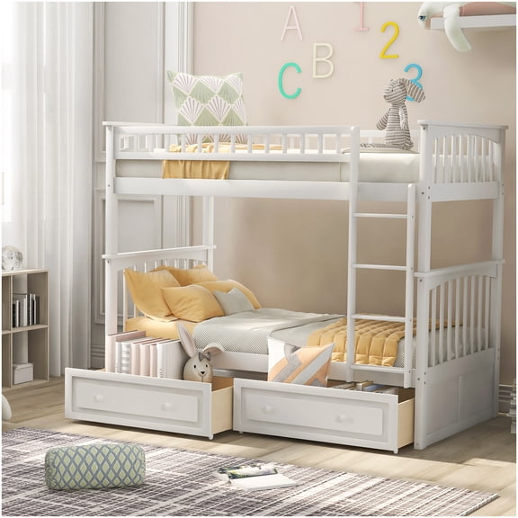 CHAMPFLAG Solid Pine Wood Twin Bunk Bed with Storage, Convertible to Two Beds, Space Saving Design with Guardrail