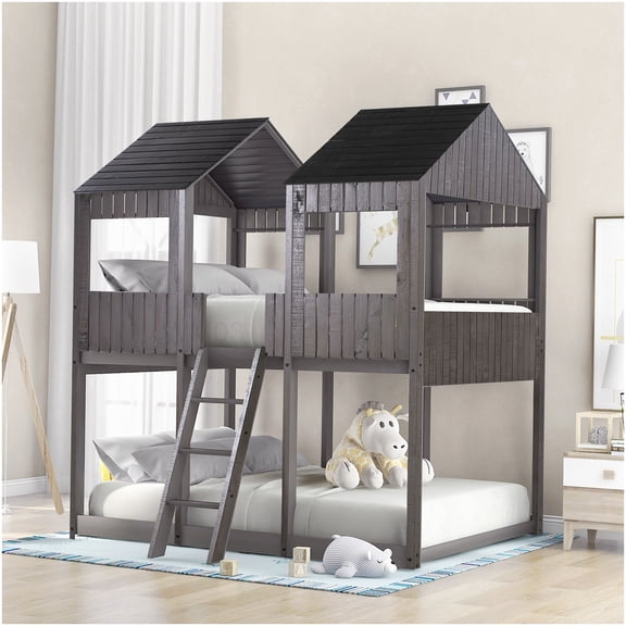 CHAMPFLAG Solid Wood Bunk Bed with Playhouse Design, Full Size Loft Bed with Guardrail and Attached Ladder, Antique Gray Finish for Space Efficient Bedroom
