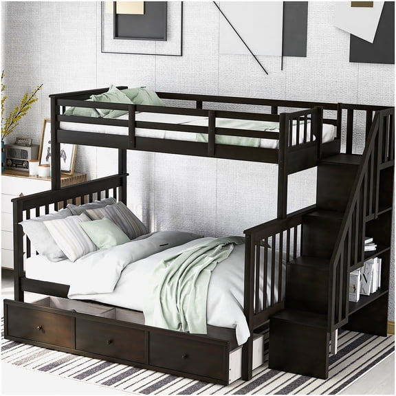 CHAMPFLAG Solid Wood Bunk Bed with Stairs, Twin on Top Full on Bottom, Convertible Bed Frame with Storage Drawers and Guardrail