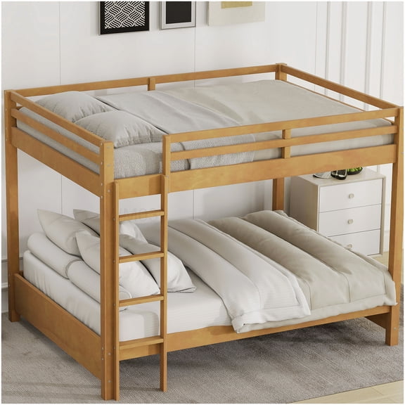 CHAMPFLAG Solid Wood Queen Bunk Bed for Adults, Space Efficient Design with Ladder and Safety Rails, No Box Spring