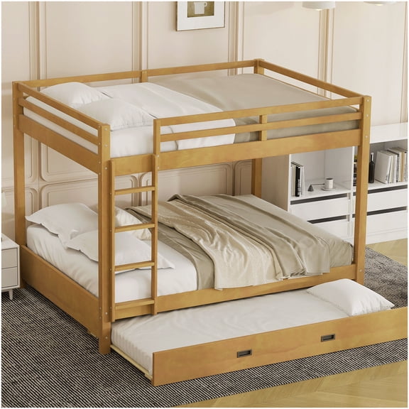 CHAMPFLAG Solid Wood Queen Bunk Bed with Pull-Out Trundle, Space Efficient Triple Sleeper with Guard Rails and Ladder