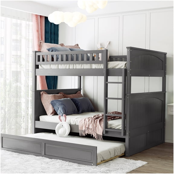 CHAMPFLAG Solid Wood Triple Bunk Bed with Trundle, Full Size Upper and Lower Beds with Guardrail, Space Efficient Gray Bed Frame