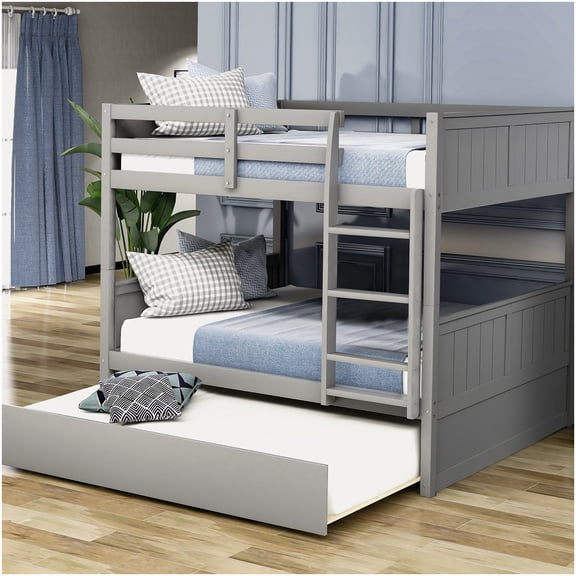 CHAMPFLAG Solid Wood Triple Sleeper Bunk Bed with Trundle, Gray Convertible Bunkbed for Space Saving, No Box Spring Needed