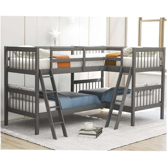 CHAMPFLAG Solid Wood Twin L-Shaped Bunkbed with Ladder, Gray Space Efficient Bunk Bed Frame for Home