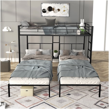 CHAMPFLAG Space Saving 3 Person Bunk Bed, L-Shape Triple Bunkbed with Side Shelf, Steel Frame, Quiet Wood Slat Support System, Black Finish