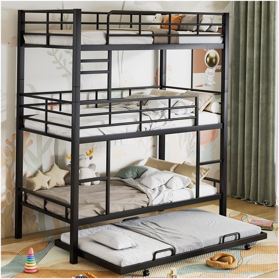 CHAMPFLAG Space Saving 4-in-1 Triple Twin Bunk Bed with Trundle, Heavy Duty Steel Frame for Guest Room and Dorm