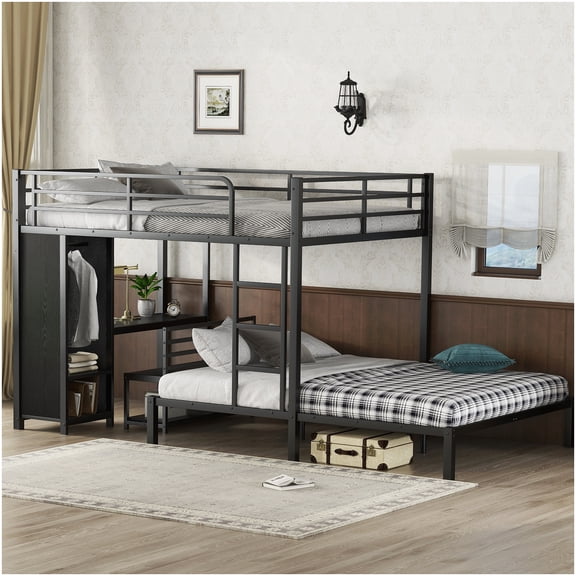 CHAMPFLAG Space Saving Black Metal Loft Bed Frame, Queen over Queen Bunk with Built-In Wardrobe, Desk and Storage Chair