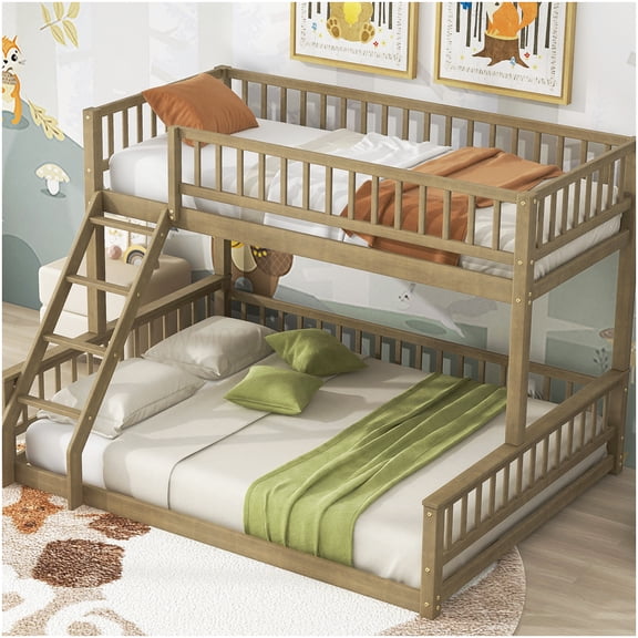 CHAMPFLAG Space Saving Bunk Bed Frame, Twin Over Queen Size Wood Bed with Ladder, Convertible to 2 Separate Beds, Walnut Finish