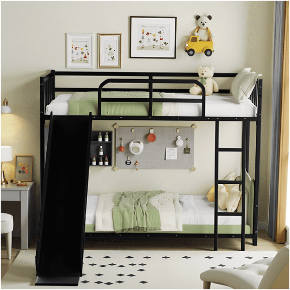 CHAMPFLAG Space Saving Bunk Bed with Slide, Black Metal Frame and Safety Rails