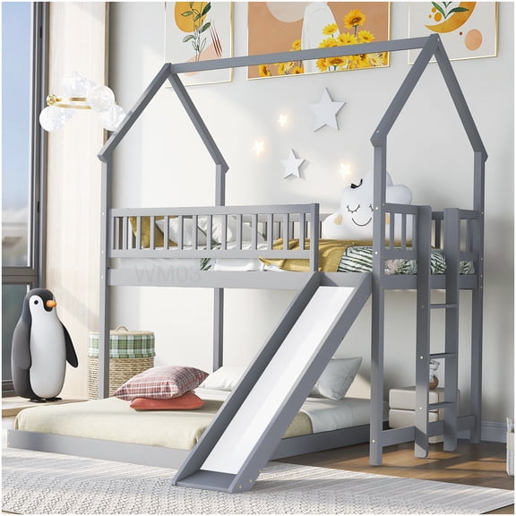 CHAMPFLAG Space Saving Bunk Bed with Slide, Twin on Top Full Bottom Bunk Bed Frame, Built-in Ladder and Safety Rails